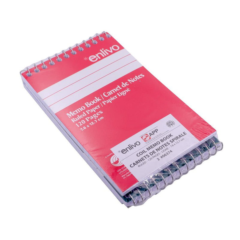 APP Coil Memo-Pads, Ruled, 3"x5", Top Flip, 120pg, 3 Pack