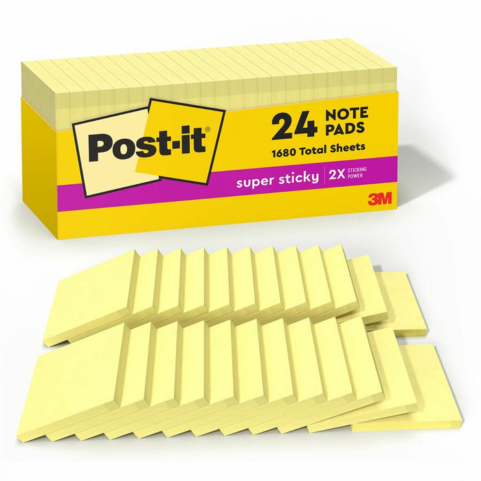 Post-it® Cabinet Pack Super Sticky Notes - 3" x 3" - Square - Canary Yellow - Self-adhesive - 24 / Pack