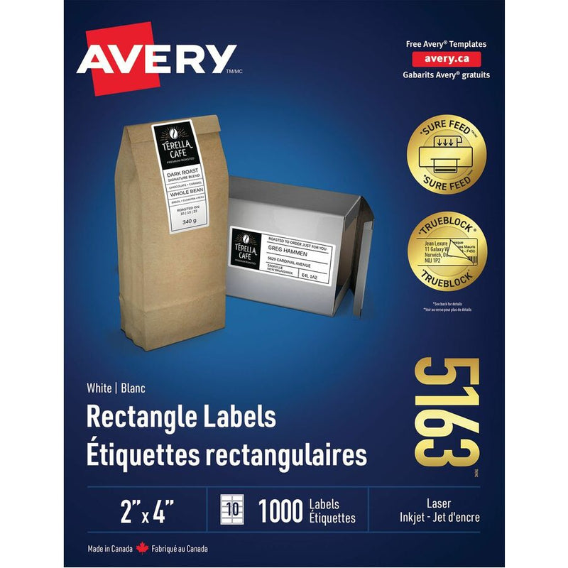 Avery® White Rectangle Labels with Sure Feed™ Technology, TrueBlock®, 2" x 4" , for Laser and Inkjet Printers