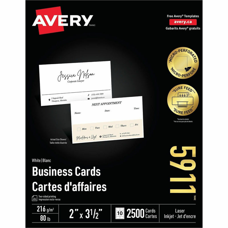 Avery® Laser Business Card - 2" x 3 1/2" - 80 lb Basis Weight - 216 g/m² Grammage - 2500 / Box - White