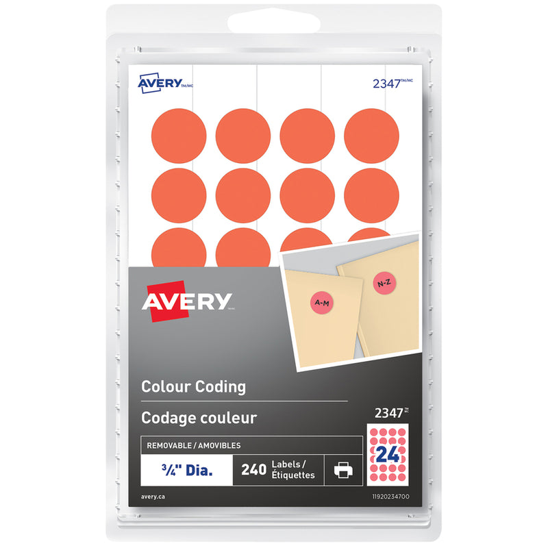 Print or Write Colour Coding Labels 3/4" Round, Removable, Neon Red, 240 / pkg