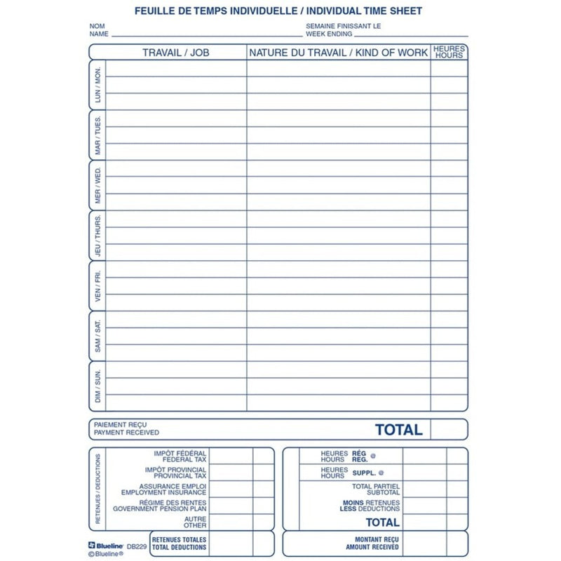 Blueline Individual Time Sheets - 100 Sheet(s) - Carbon Copy - 7.99" x 5.39" Form Size