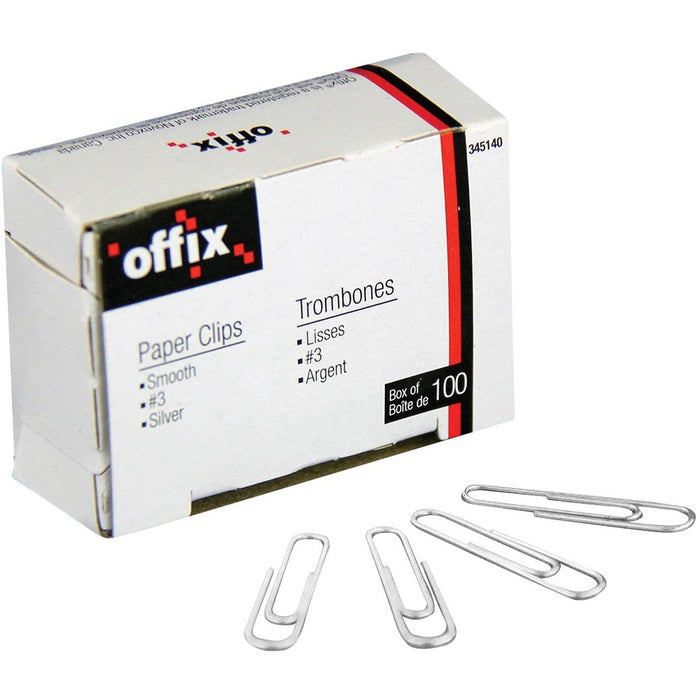 Offix Paper Clip - for Paper - Size #3 15/16" Smooth - 100 / Box - Nickel