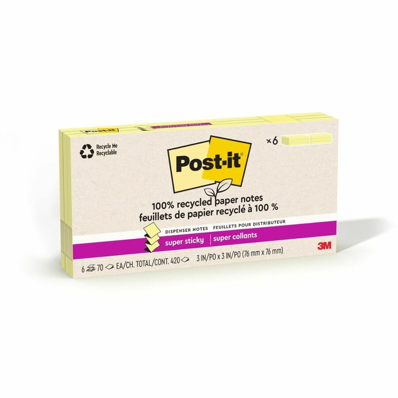 Post-it® 100% Recycled Paper Super Sticky Dispenser Notes, 3 in x 3 in, Canary Yellow