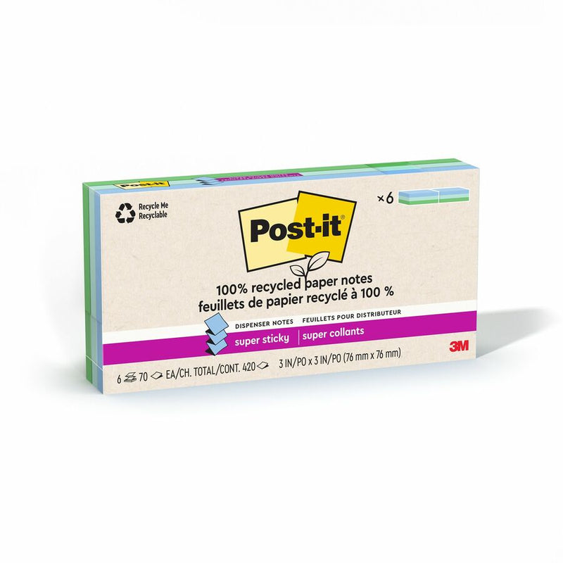 Post-it® 100% Recycled Paper Super Sticky Dispenser Notes, 3 in x 3 in, Oasis Collection - The Supply Room