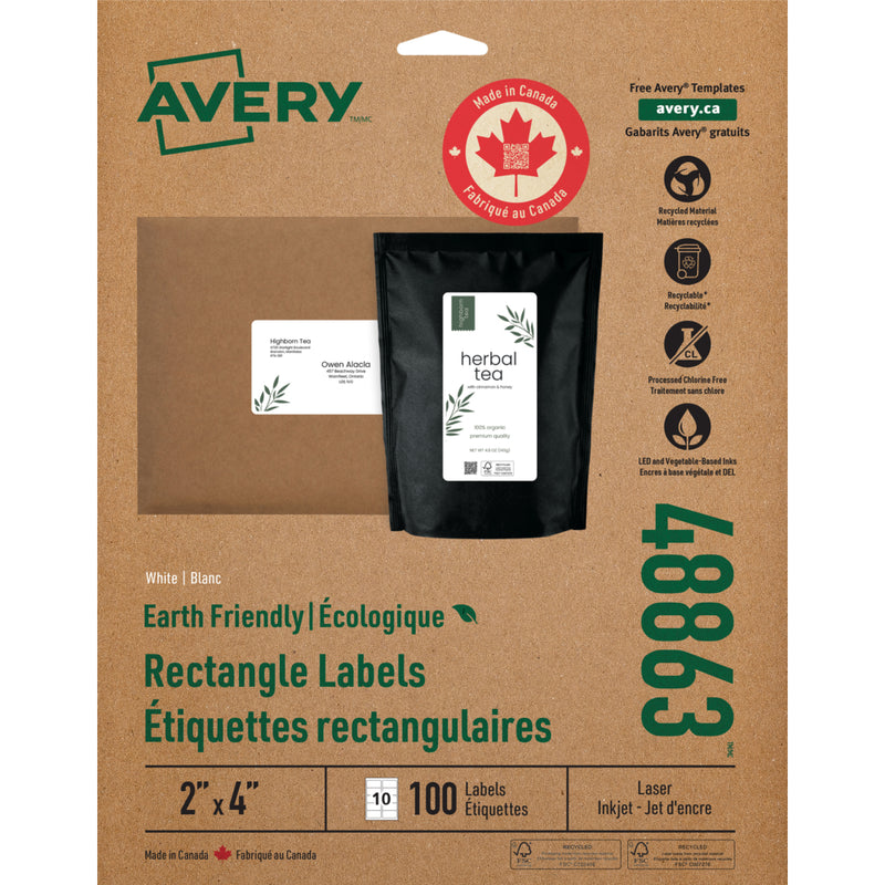 Avery EcoFriendly White Laser/Inkjet Mailing Labels, 2" x 4" , 100 Pack