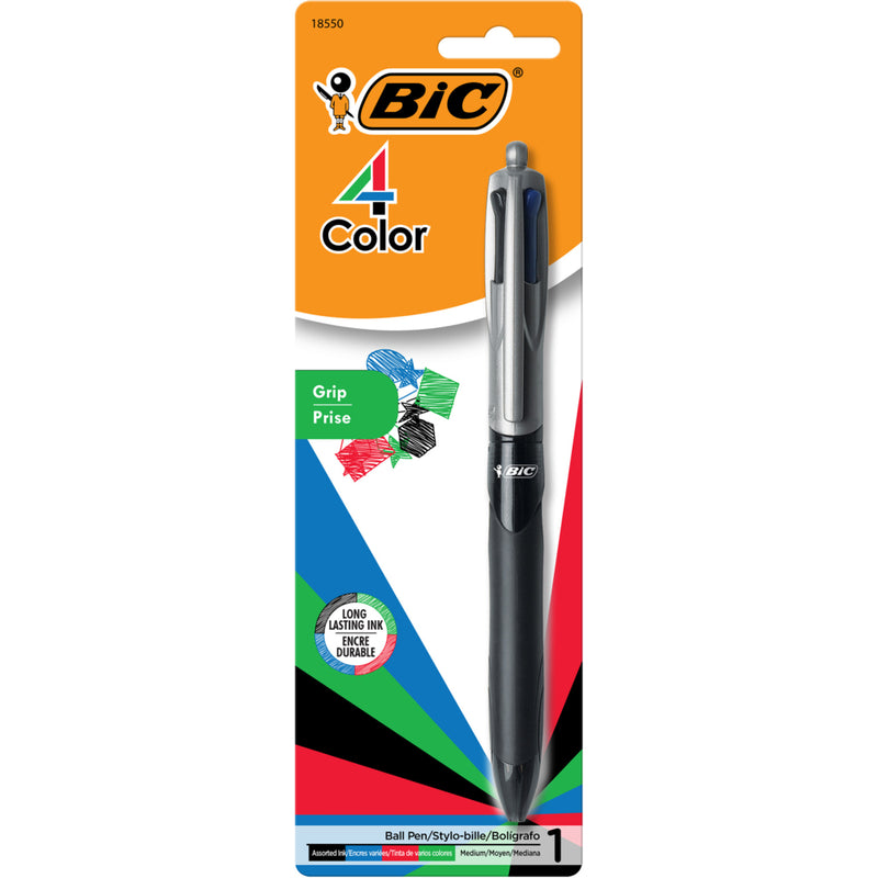 BIC 4-Colour Grip Ballpoint Pen - Retractable - 1.0 mm - Blue, Red, Green, Black - 1 each