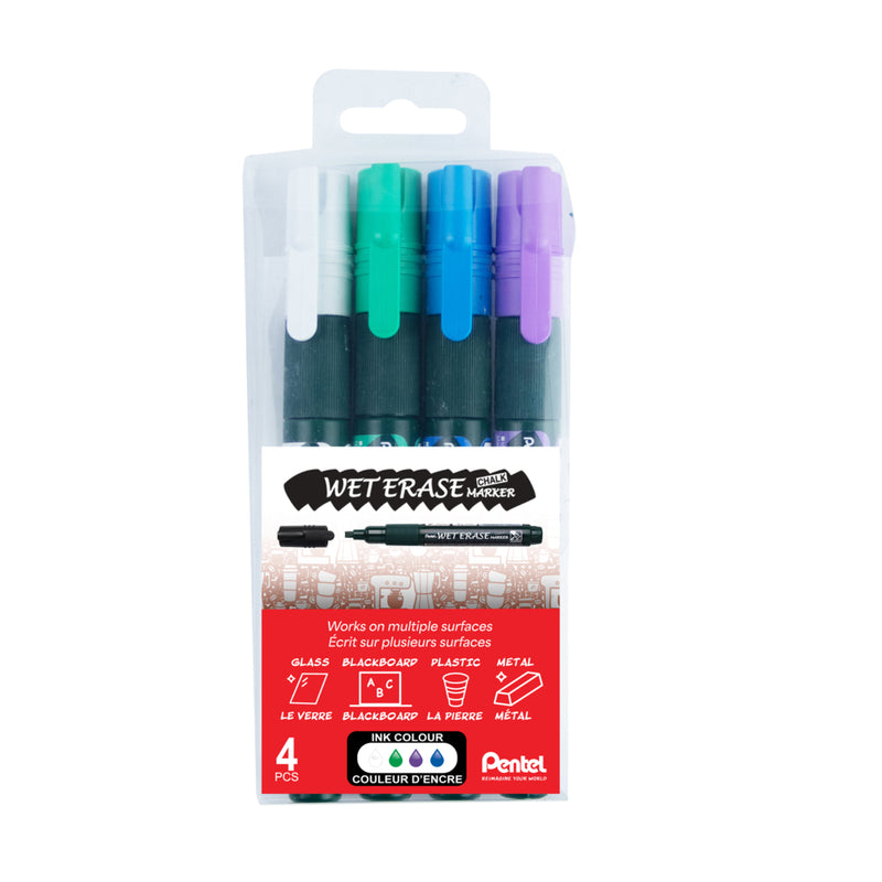 Pentel Wet Erase Chalk Marker for Glass Surfaces - Small Chisel Tip - Assorted Colours (White, Green, Blue, Violet)