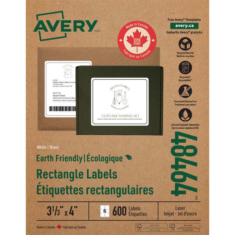 Avery Eco-Friendly White Laser/Inkjet Mailing Labels, 4" x 3-1/3", 600 Pack (48464)