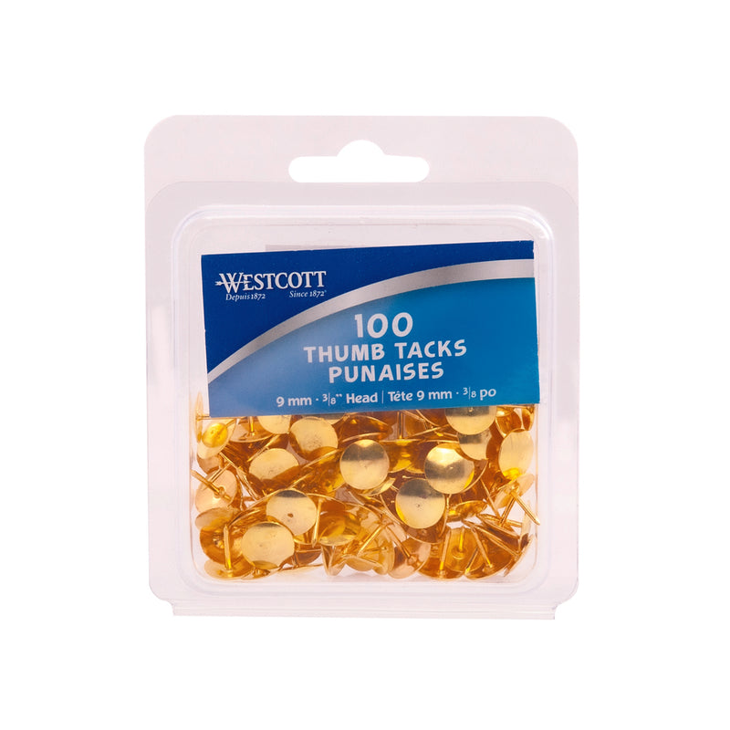 Westcott Brass Thumb Tacks, 3/8" Diameter - 100 Pack