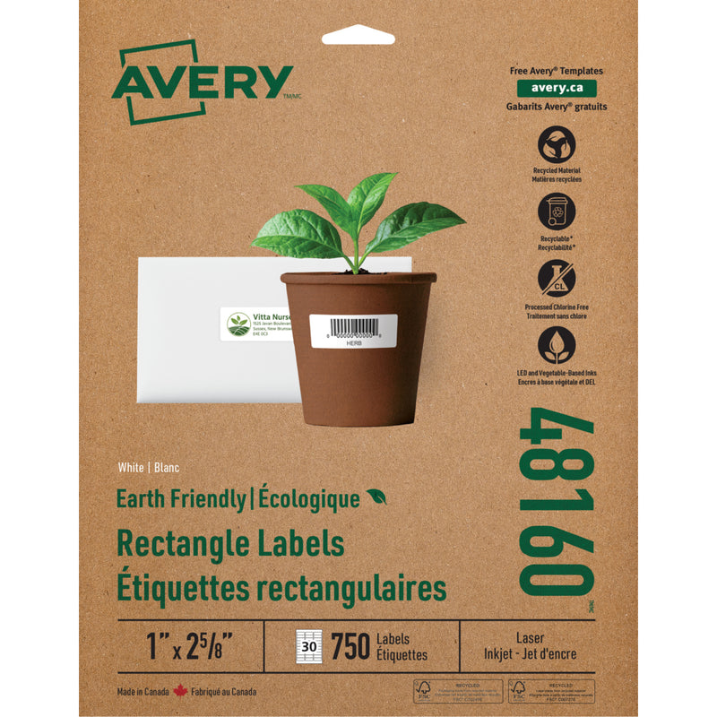 Avery Eco-Friendly White Laser/Inkjet Address Labels,1” x 2-5/8”, 750 Pack (48160)