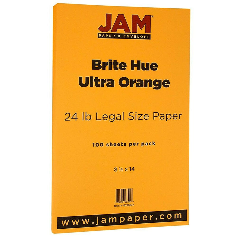JAM Paper Bright Colour Legal Paper, 8.5 x 14, 24lb Brite Hue Ultra Orange, 100 Pack (16728247) x 2 reams (200 sheets)