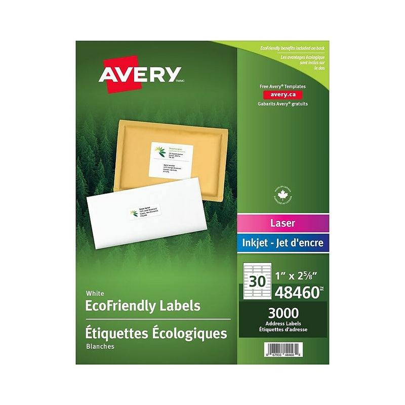 Avery Eco-Friendly White Laser/Inkjet Address Labels, 1” x 2-5/8”, 3000 Pack (48460)