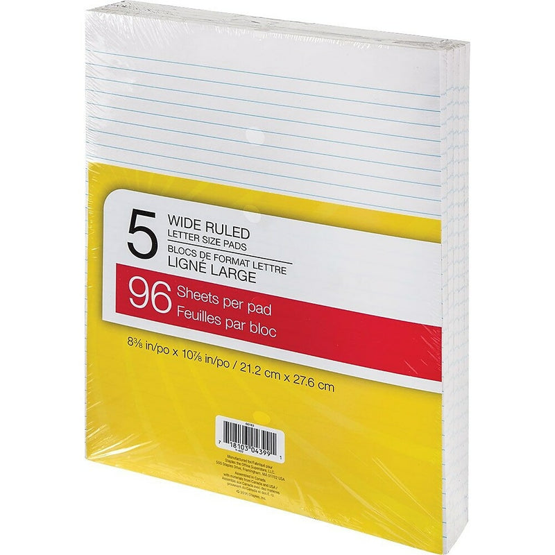 Writing Pads - 8-3/8" x 10-7/8 - Wide-Ruled - White - 96 Sheets - 5 Pack