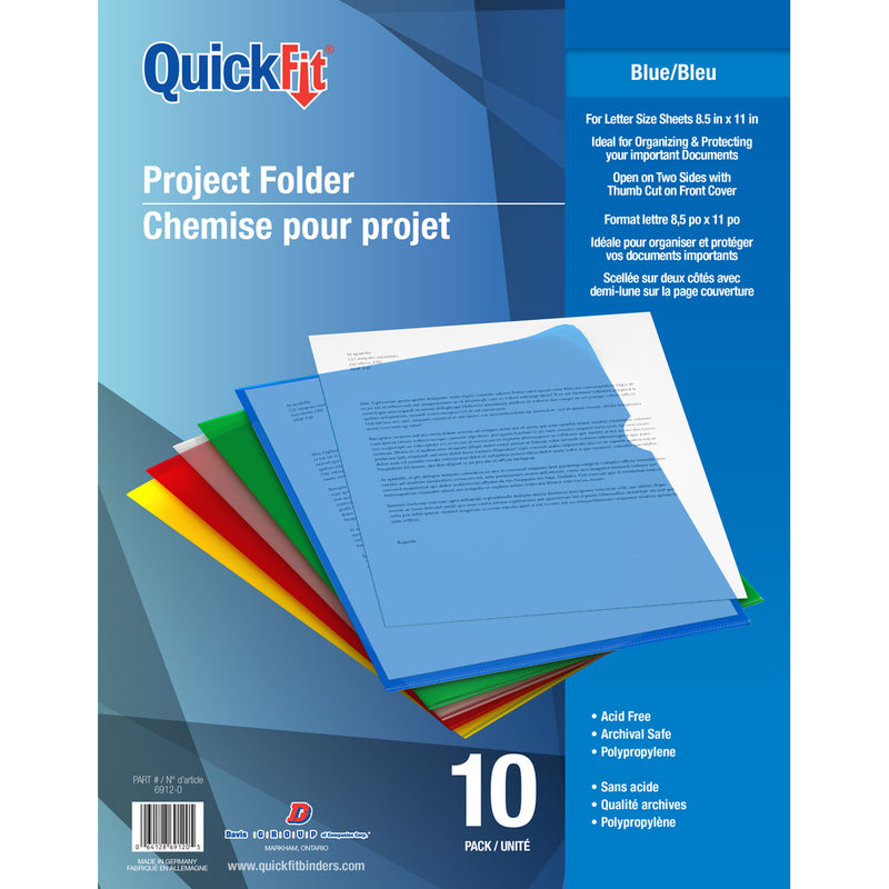 Davis Group QuickFit Project Folders - Polypropylene - Letter Size - Blue - 10 Pack