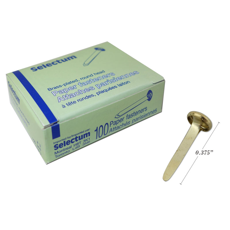 Selectum Paper Fastener - Brass Plated - Round Head - 3/8" - 100 Pack