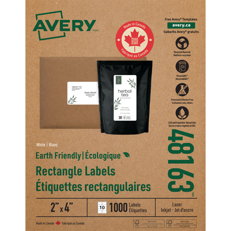 Avery Eco-Friendly White Laser/Inkjet Shipping Labels, 4" x 2", 1000 Pack, (48163)