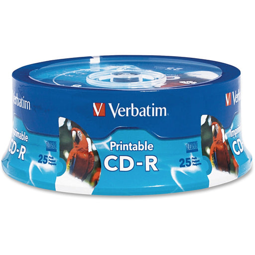 Verbatim CD-R 700MB 52X White Inkjet Printable, Hub Printable - 25pk Branded Spindle - The Supply Room