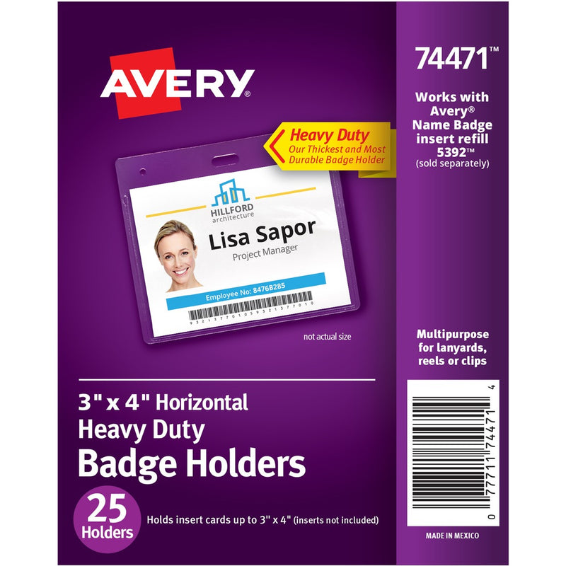 Avery(R) Heavy-Duty Secure Top Clear Badge Holders, Fits Inserts up to 3" x 4" , Landscape, 25 Holders (74471) - The Supply Room