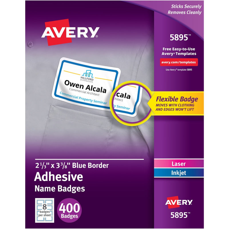 Avery&reg; Flexible Name Tag Stickers, White Rectangle Label with Blue Border, Removable Name Badges, 2-1/3" x 3-3/8" , 400 Labels (5895)