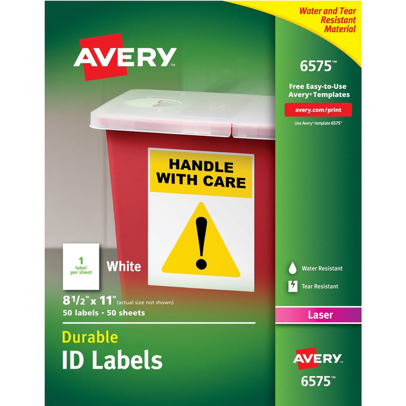 Avery&reg; Durable ID Labels, Permanent Adhesive, 8-1/2" x 11" , Matte White, 50 Labels (6575) - The Supply Room