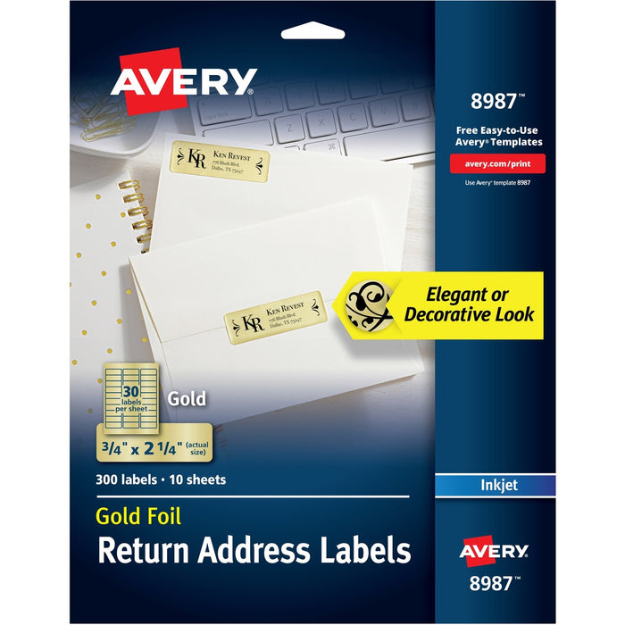 Avery&reg; Foil Mailing Labels, Gold, 3/4" x 2-1/4" , 300 Labels (8987)