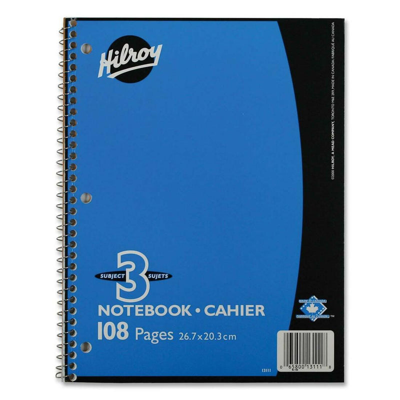 Hilroy Coil Three Subject Book - 108 Sheets - Wire Bound - 0.28" Ruled - Ruled - 8" x 10 1/2" - Subject - 1Each