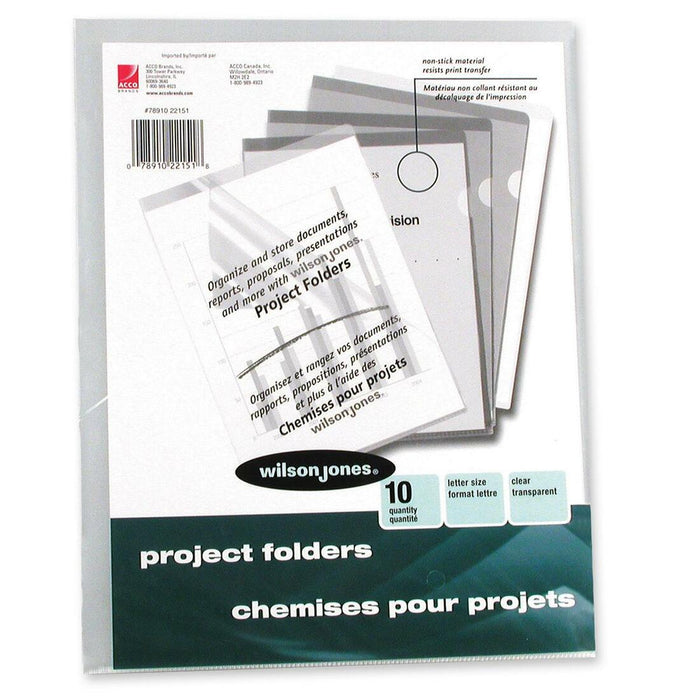 Wilson Jones Pocket Folders - Letter - 50 Sheet Capacity - Vinyl - Clear - 10 / Pack