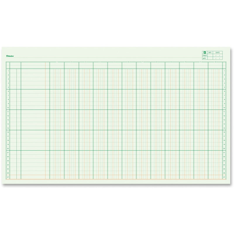 Blueline Large Columnar Pad - 50 Sheet(s) - 14" x 8 1/4" Sheet Size - 12 Columns per Sheet - Green Sheet(s) - Blue Cover - Recycled - 5 books