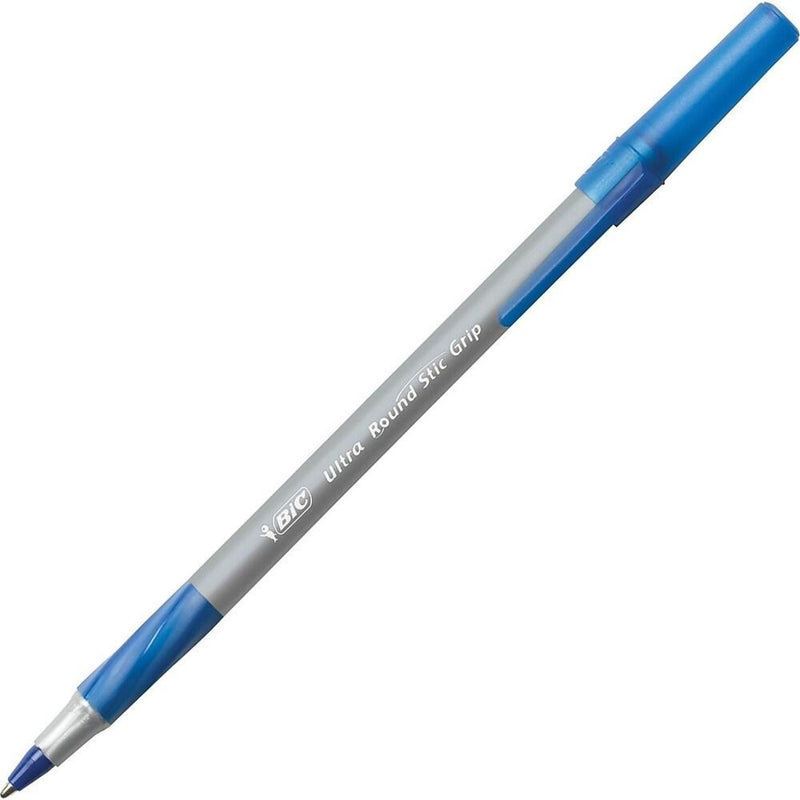 BIC Round Stic Comfort Grip Pen - Medium Pen Point - Blue - Frost Barrel - 12 / Box