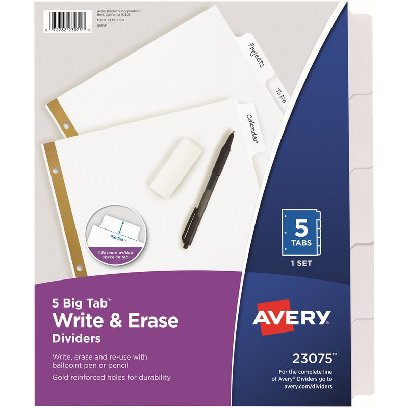 Avery&reg; Big Tab(TM) Write & Erase Dividers, 5 White Tabs, 1 Set (23075)
