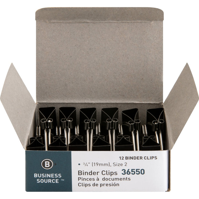 Business Source Fold-back Binder Clips - Small - 0.75" (19.05 mm) Width - 0.4" Size Capacity - 12 / Dozen - Black - Steel