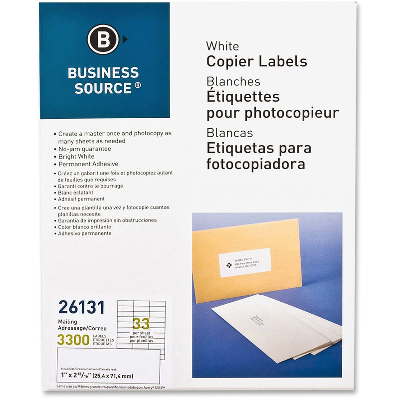 Business Source Bright White Copier Labels, 1" (25.40 mm) x 2.75" - 33 / Sheet - 3300 / Pack
