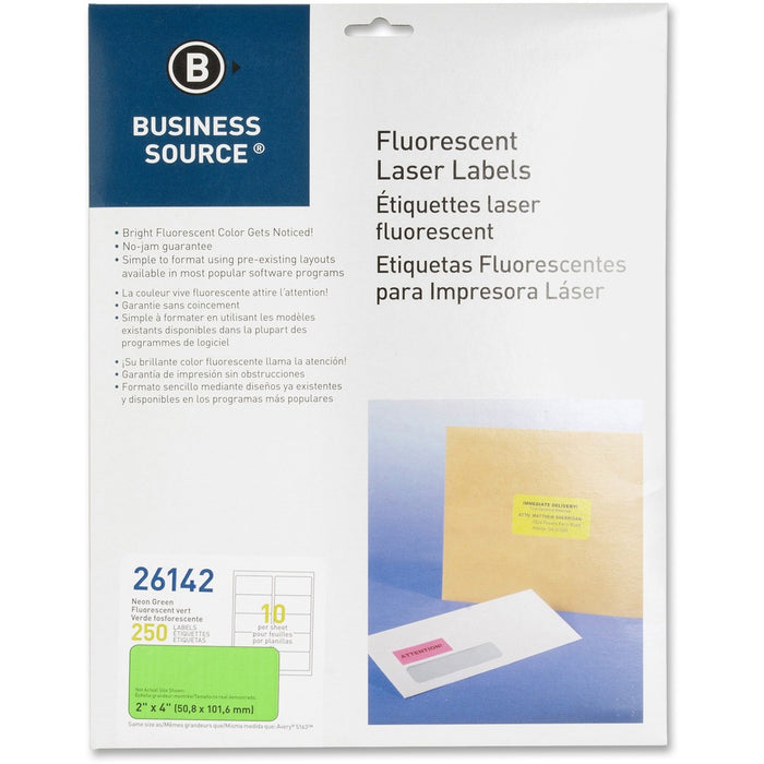 Business Source 2" Fluorescent Color Laser Labels - Permanent Adhesive - 2" (50.80 mm) x 4" (101.60 mm) Length - Rectangle - Laser - Neon Green - 10 / Sheet - 250 / Pack