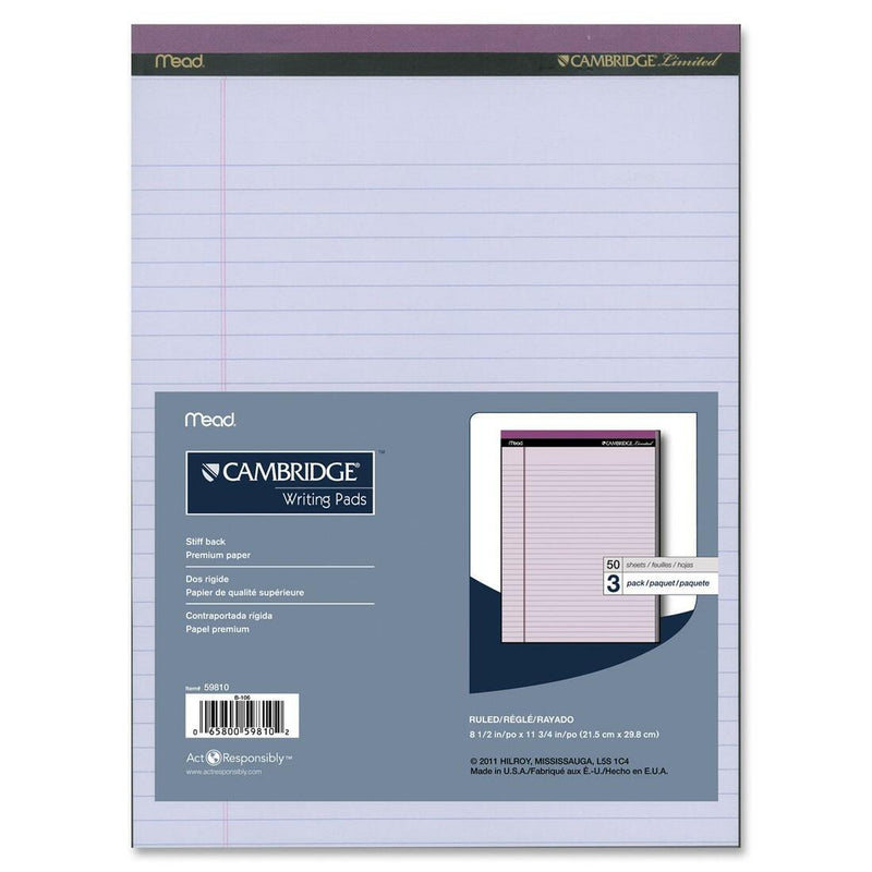 Cambridge Perforated Pads, 8-1/2" x 11-3/4", Wide-Ruled, Orchid, 50 Sheets Per Pad, 3 Pack