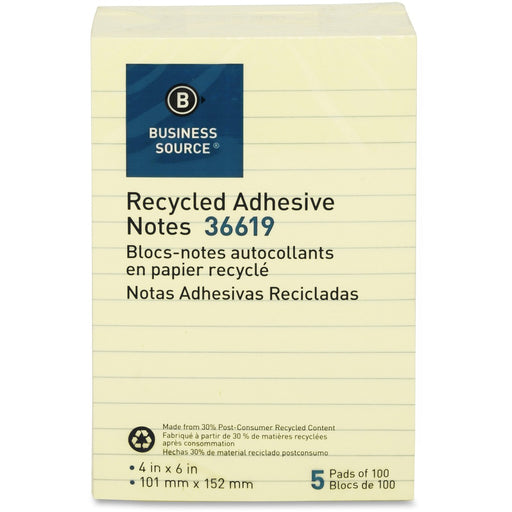 Business Source Yellow Adhesive Notes - 4" x 6" - Rectangle - Ruled - Yellow - Self-adhesive, Removable - 5 / Pack - The Supply Room