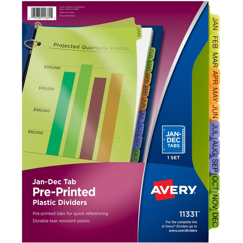 Avery&reg; Preprinted Plastic Dividers, 12-Tab Set, Jan.-Dec., Multicolor (11331)