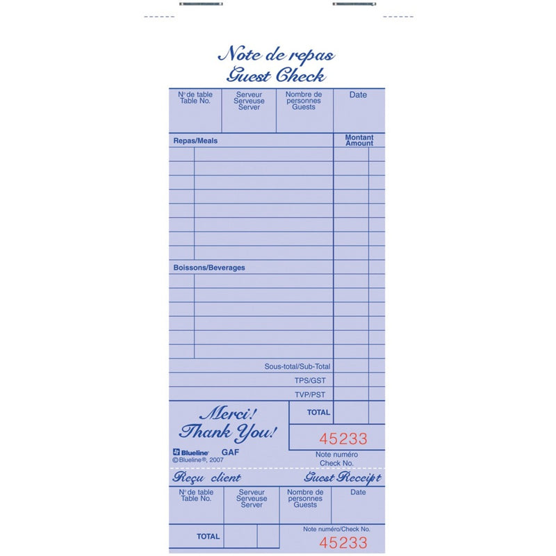 Blueline Guest Checks, Bilingual - 100 Sheet(s) - 1 Part - 1 book