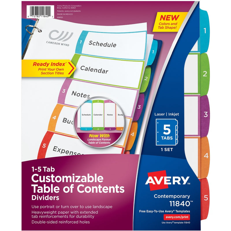 Avery&reg; Ready Index 5 Tab Dividers, Customizable TOC, 1 Set (11840)