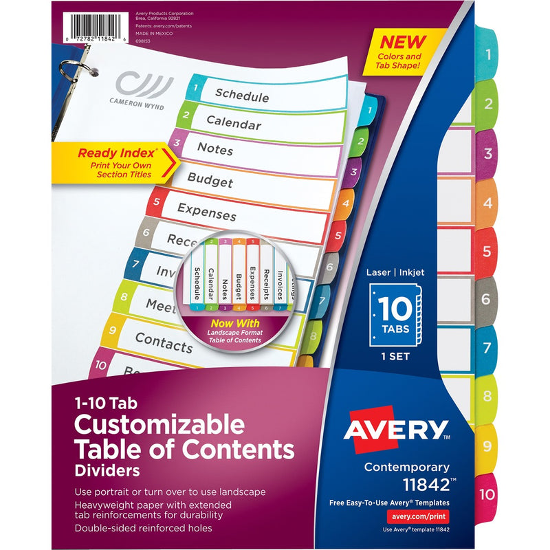 Avery&reg; Ready Index 10 Tab Dividers, Customizable TOC, 1 Set (11842)