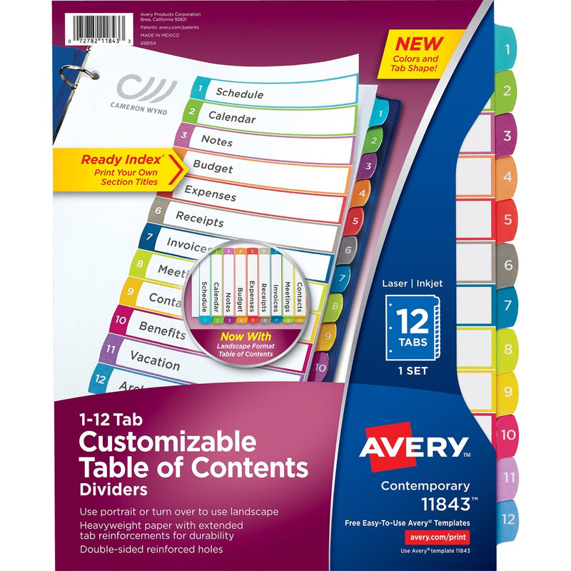 Avery&reg; Ready Index 12 Tab Dividers, Customizable TOC, 1 Set (11843)