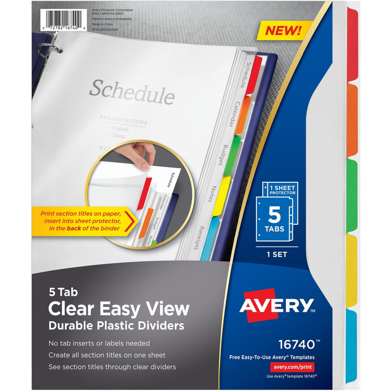 Avery&reg; Clear Easy View Durable Plastic Dividers, 5 Tabs (16740)