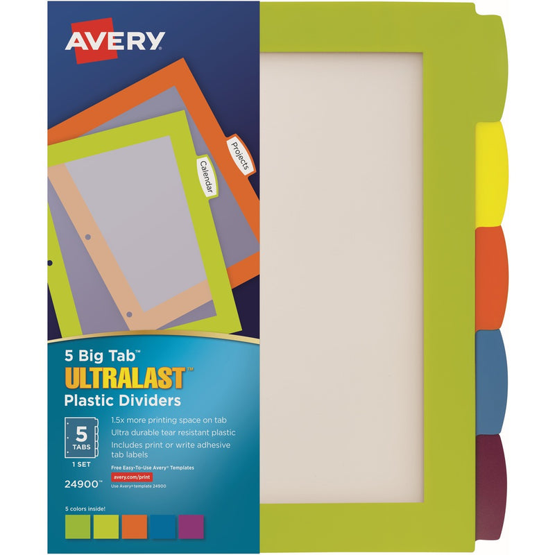 Avery&reg; Ultralast(R) Big Tab(TM) Plastic Dividers, 5 Tabs, 1 Set, Multicolor (24900)