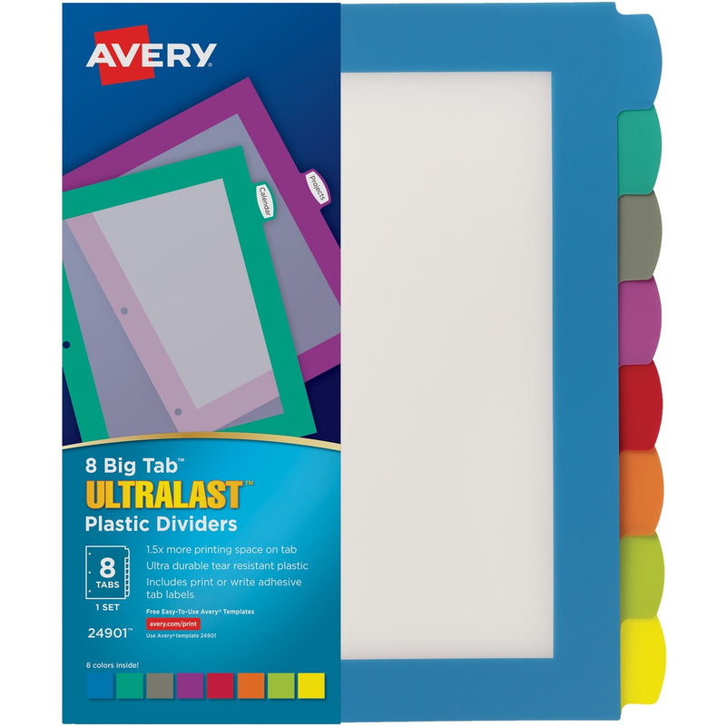 Avery&reg; Ultralast(R) Big Tab(TM) Plastic Dividers, 8 Tabs, 1 Set, Multicolor (24901)