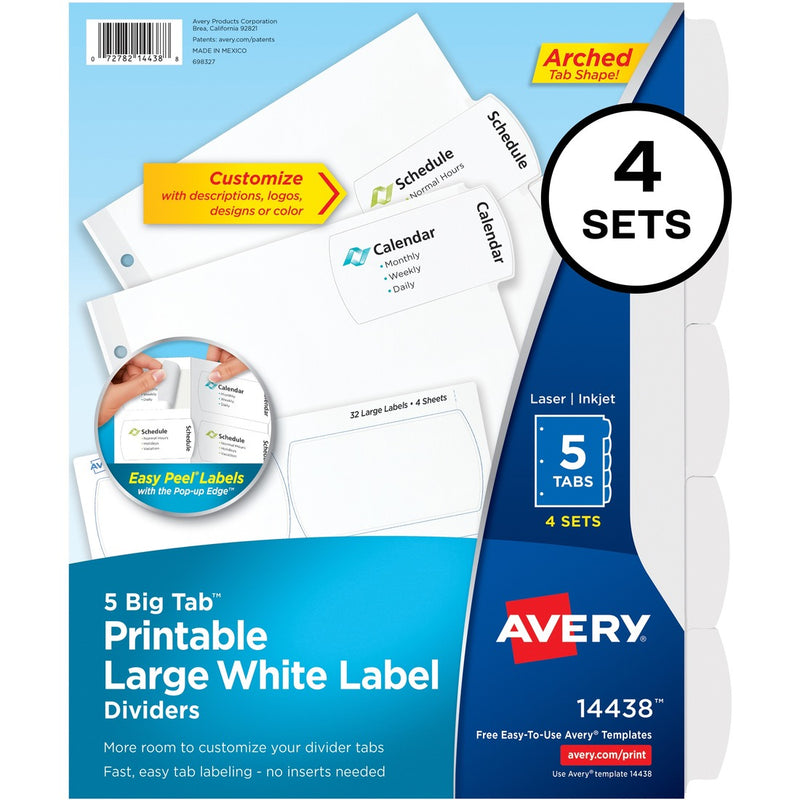 Avery&reg; 5-Tab Printable Large Label Dividers, Big Tab, 4 Sets (14438)