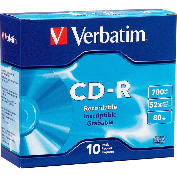 Verbatim CD-R 700MB 52X with Branded Surface - 10pk Slim Case - The Supply Room