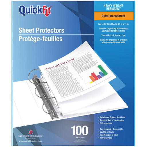 QuickFit Sheet Protector - For Letter 8 1/2" x 11" Sheet - Hevy Weight - 3 x Holes - Rectangular - Clear - Polypropylene - 100 / Box - The Supply Room
