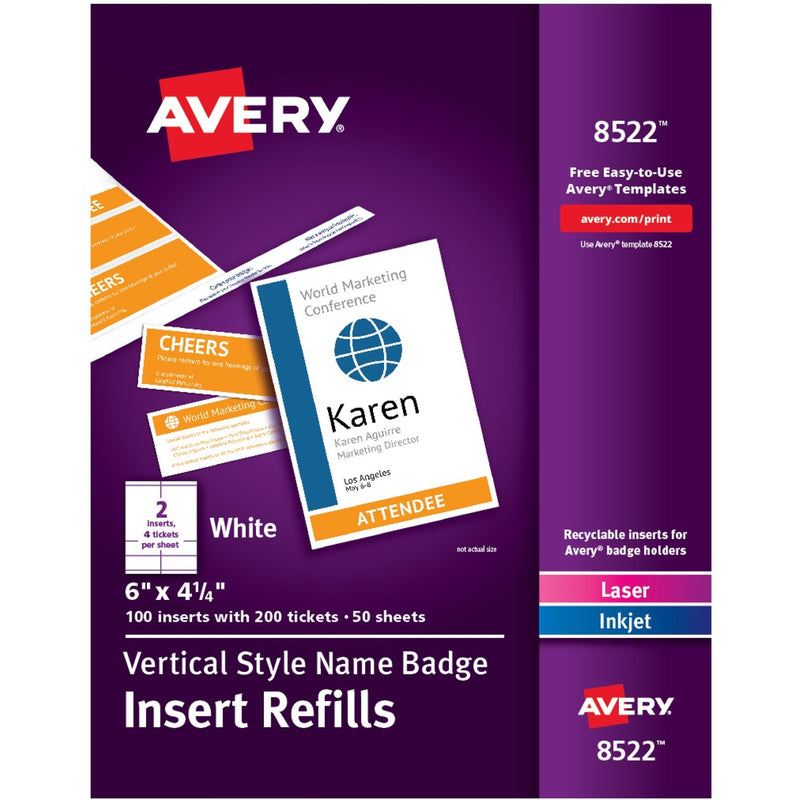 Avery&reg; Vertical Name Badge & Ticket Inserts, 6" x 4-1/4" , 100 Inserts (8522)