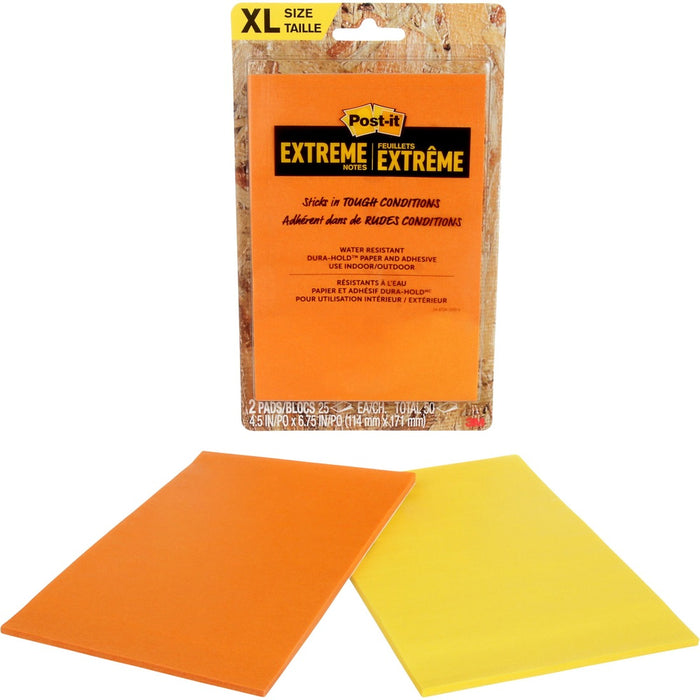 Post-it® Extreme Adhesive Note - 25 Sheets per Pad - Yellow, Orange - Paper - Water Resistant, Adhesive, Durable - 2 Pad