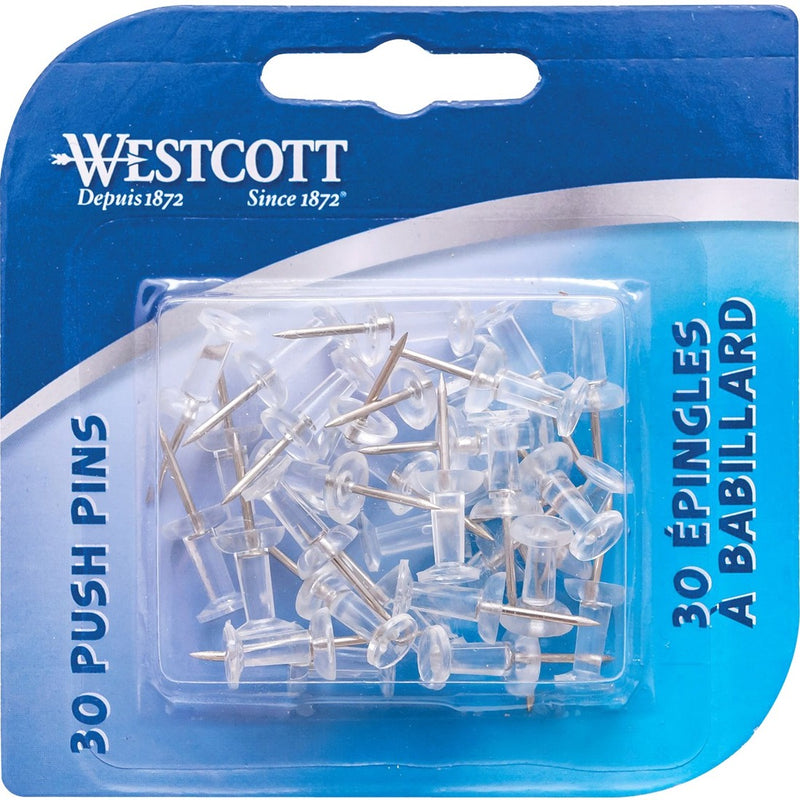 Westcott Push Pins - 30 / Card - Clear - Plastic